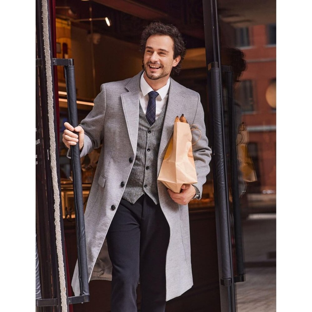 Men's Wool Blend Coat Detachable Plaid Scarf Notched Collar Pea Coat Light Grey - Picture 3 of 6